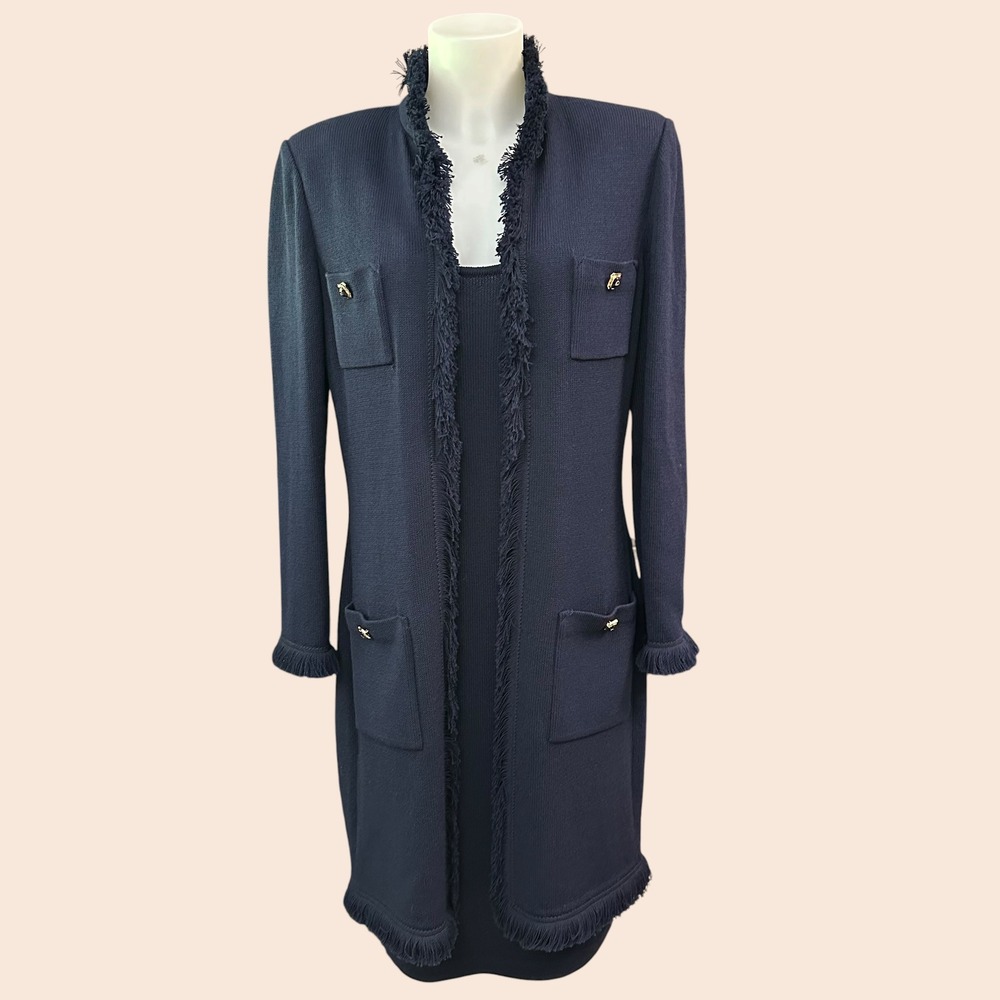 St. John Navy Long "Rockstar"Fringed Knit Jacket with Inner Tank Slip Dress 2Pc